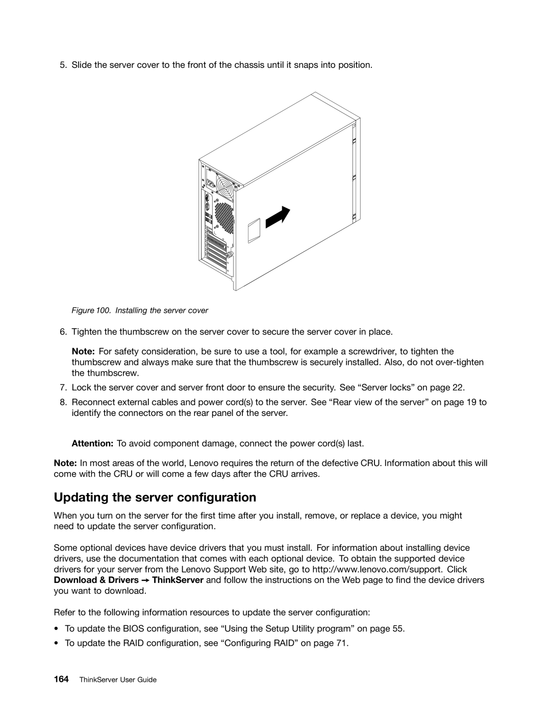 Lenovo 387, 393, 391, 389, 388, 441, 390, 392 manual Updating the server configuration, Installing the server cover 