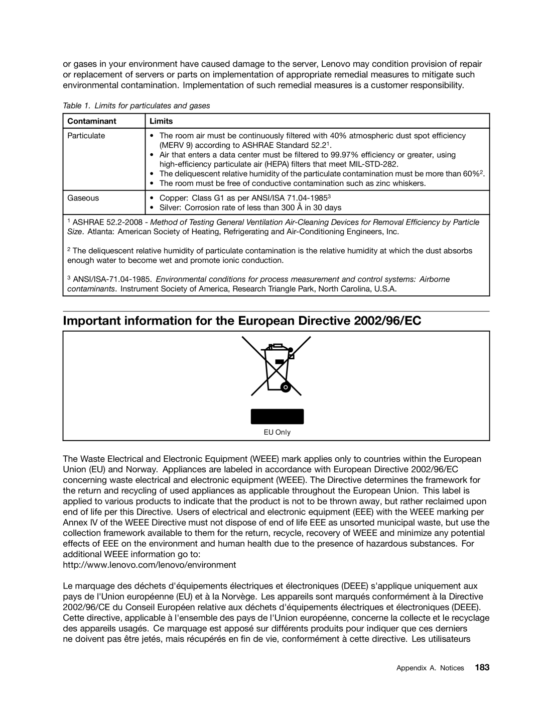 Lenovo 389, 387, 393, 391, 388, 441, 390, 392 Important information for the European Directive 2002/96/EC, Contaminant Limits 