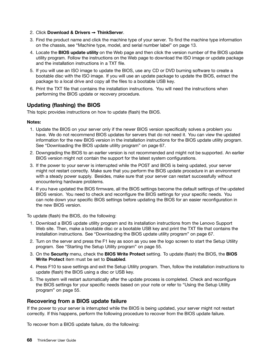 Lenovo 387, 393 Updating flashing the Bios, Recovering from a Bios update failure, Click Download & Drivers ThinkServer 