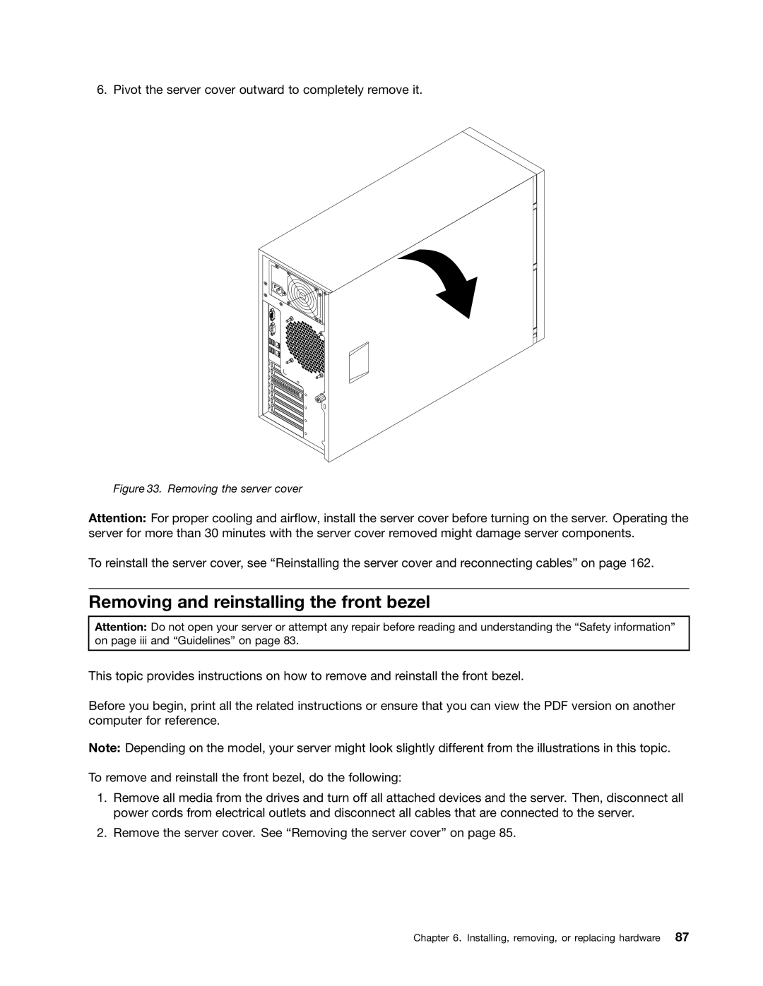 Lenovo 389, 387, 393, 391, 388, 441, 390, 392 manual Removing and reinstalling the front bezel, Removing the server cover 