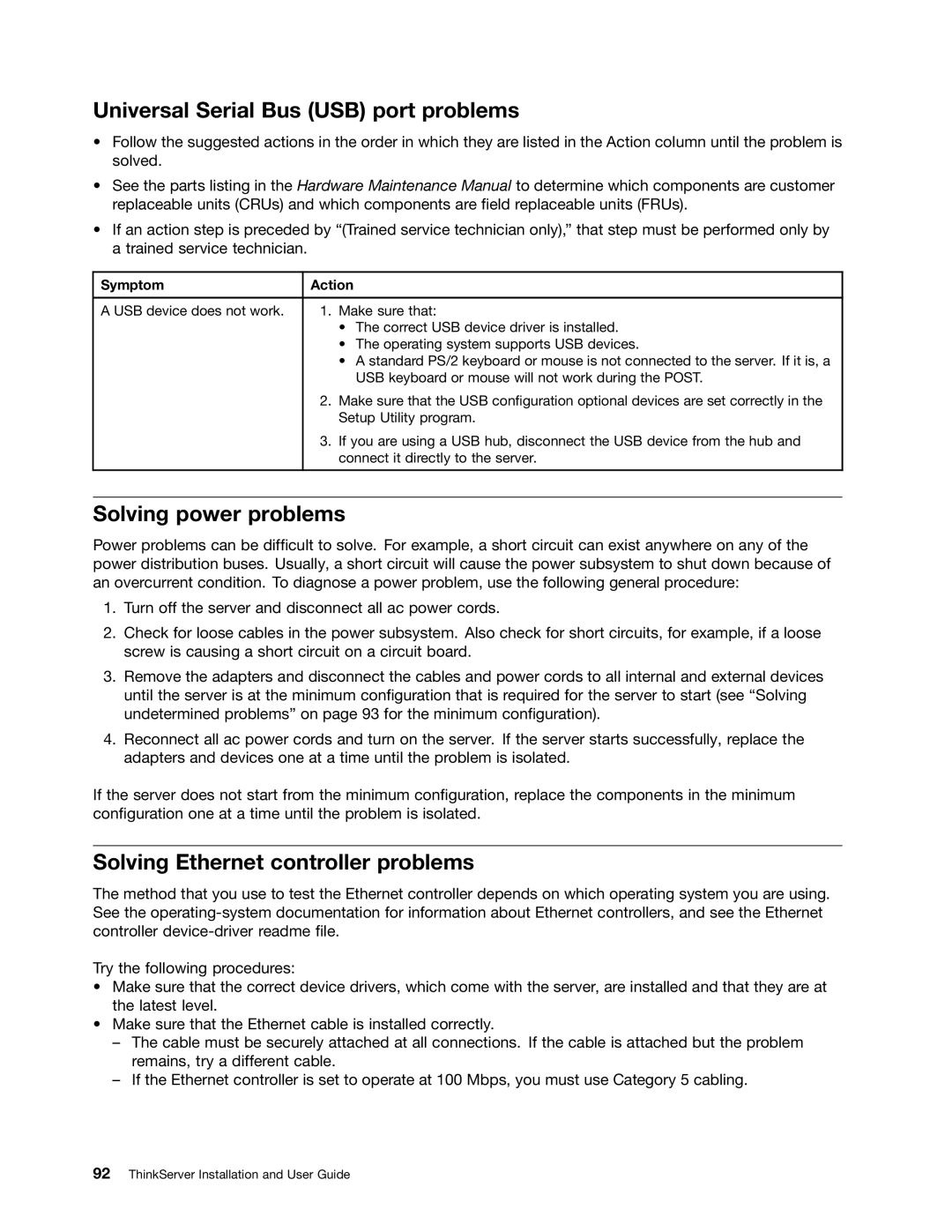 Lenovo 4010, 4011 Universal Serial Bus USB port problems, Solving power problems, Solving Ethernet controller problems 