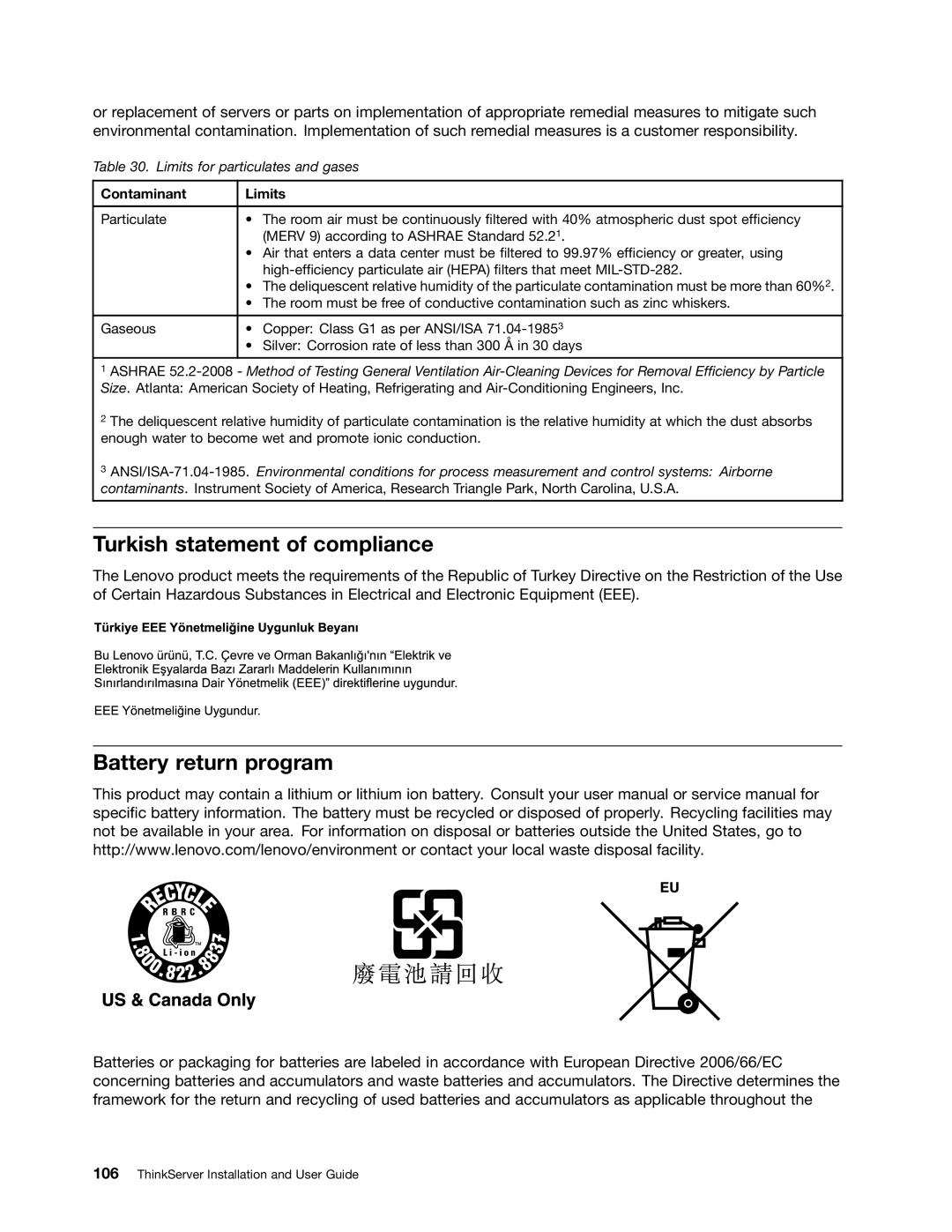 Lenovo 4011, 1044, 4010, 1043 manual Turkish statement of compliance, Battery return program, Contaminant Limits 