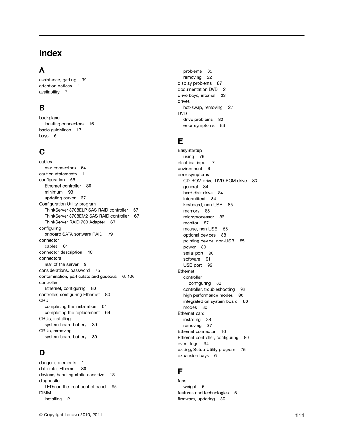 Lenovo 1044, 4011, 4010, 1043 manual Index, Cru 