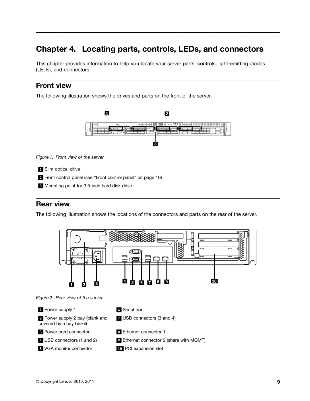 Lenovo 1043, 4011, 1044, 4010 manual Locating parts, controls, LEDs, and connectors, Front view, Rear view 