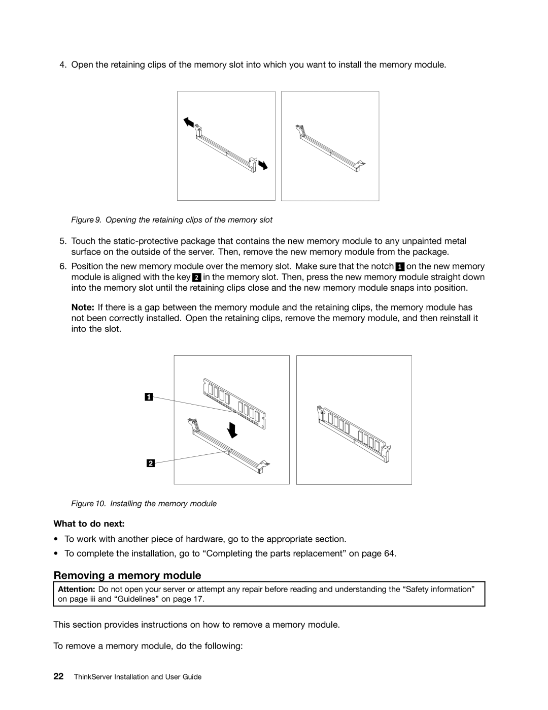 Lenovo 4011, 1044, 4010, 1043 manual Removing a memory module, What to do next 