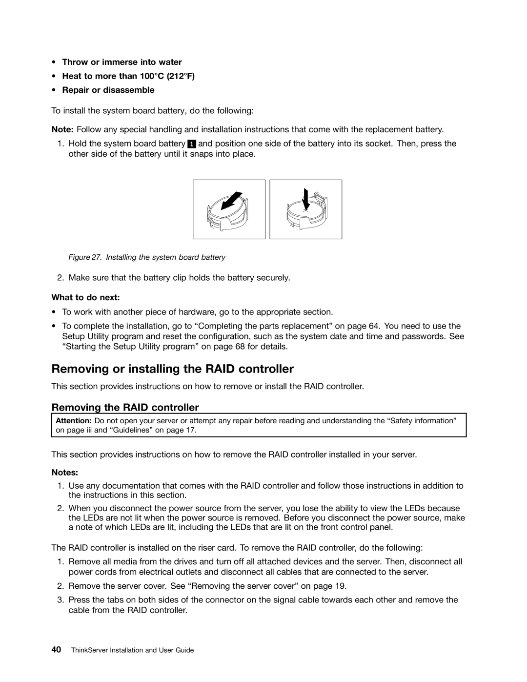 Lenovo 4010, 4011, 1044, 1043 manual Removing or installing the RAID controller, Removing the RAID controller 