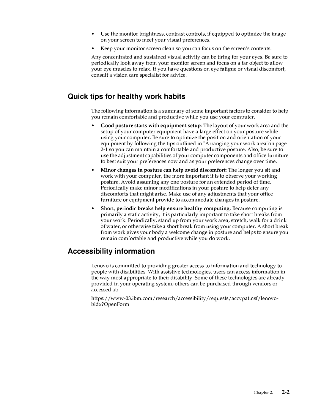 Lenovo 4015LS1 user manual Quick tips for healthy work habits, Accessibility information 