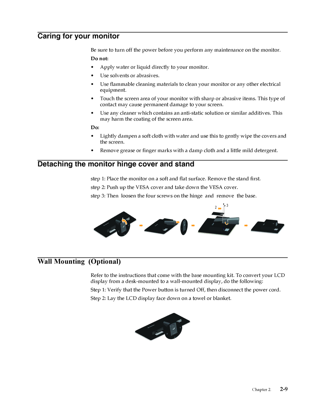 Lenovo 4015LS1 user manual Caring for your monitor, Detaching the monitor hinge cover and stand, Wall Mounting Optional 