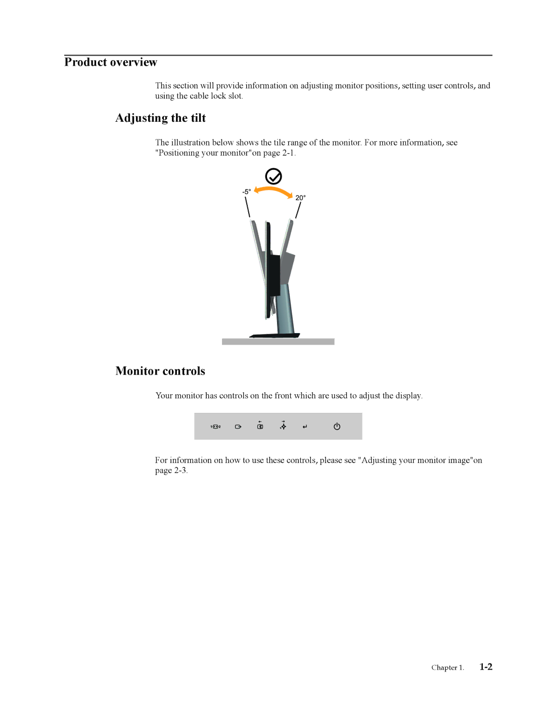 Lenovo 4015LS1 user manual Product overview, Adjusting the tilt, Monitor controls 