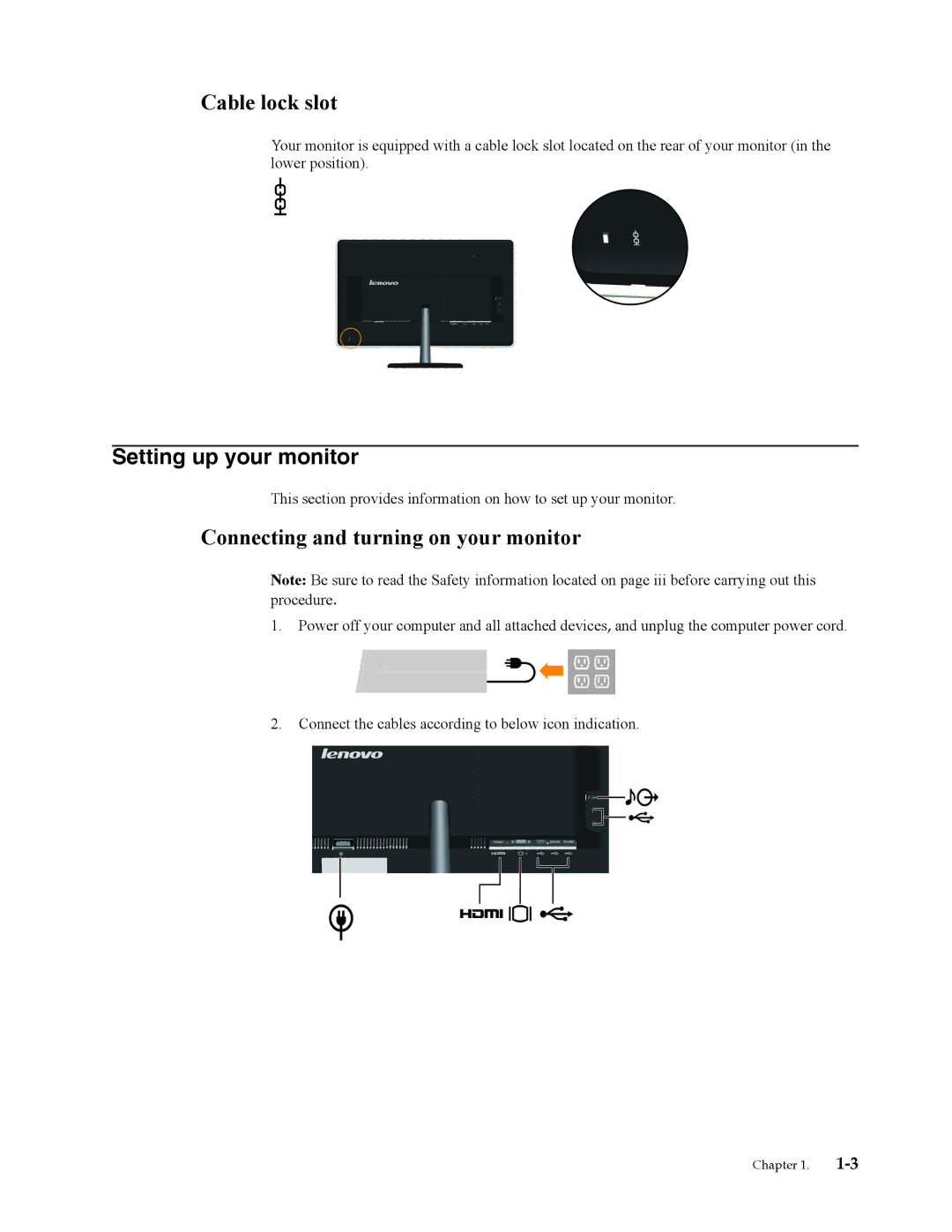 Lenovo 4015LS1 user manual Cable lock slot, Setting up your monitor, Connecting and turning on your monitor 