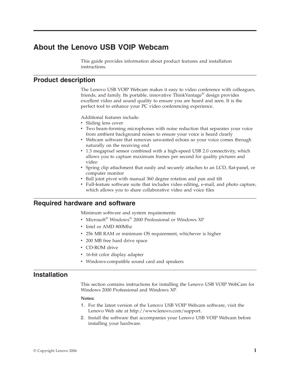 Lenovo 40Y8186 manual About the Lenovo USB Voip Webcam, Product description, Required hardware and software, Installation 