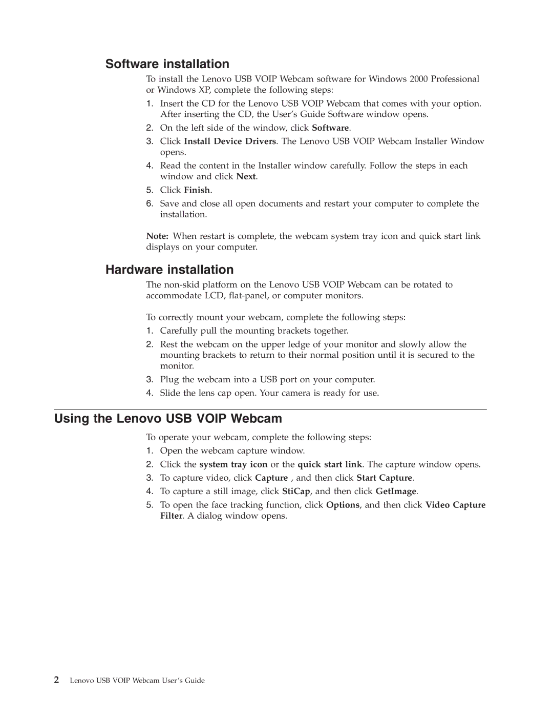 Lenovo 40Y8186 manual Software installation, Hardware installation, Using the Lenovo USB Voip Webcam 