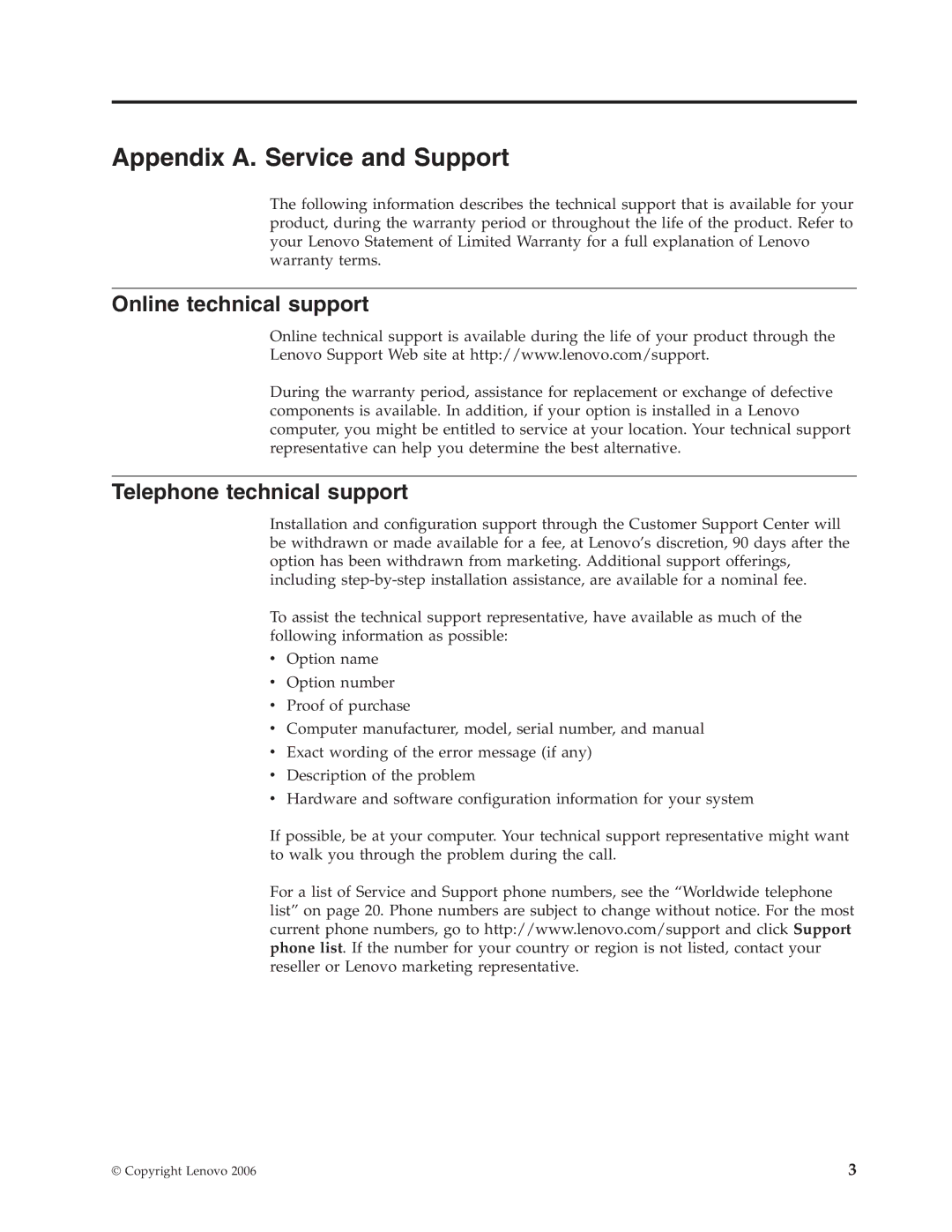 Lenovo 40Y8186 manual Appendix A. Service and Support, Online technical support, Telephone technical support 