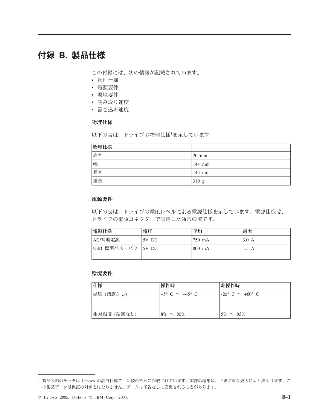 Lenovo 40Y8637, 40Y8692 manual 付録 B. 製品仕様, ～ 80% ～ 95% 