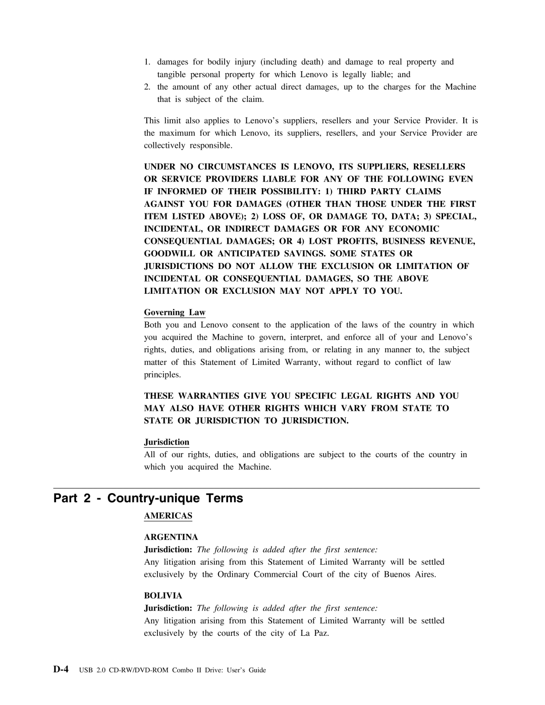 Lenovo 40Y8692, 40Y8637 manual Part 2 Country-unique Terms, Governing Law, Jurisdiction, Americas Argentina, Bolivia 