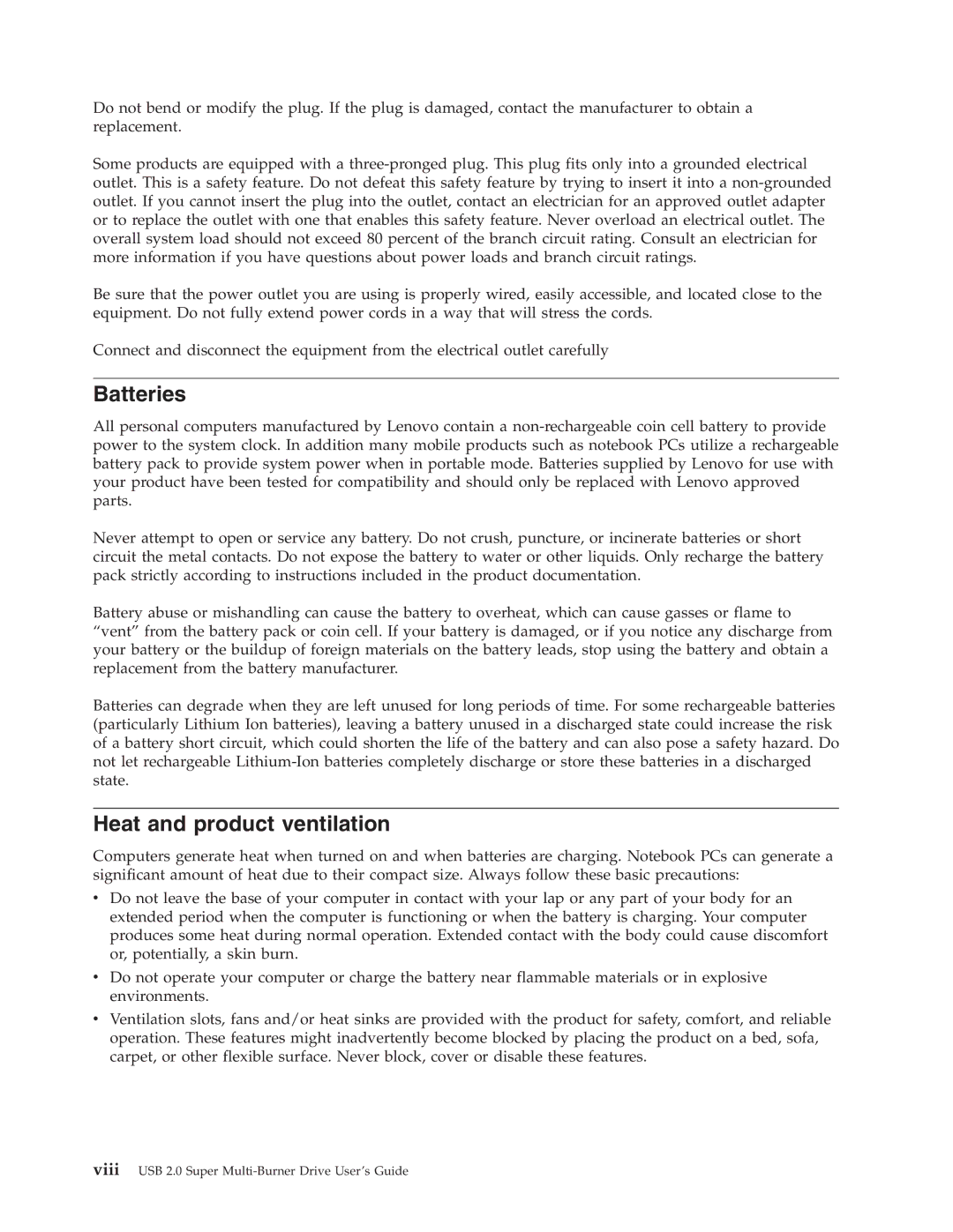 Lenovo 40Y8699 manual Batteries, Heat and product ventilation 