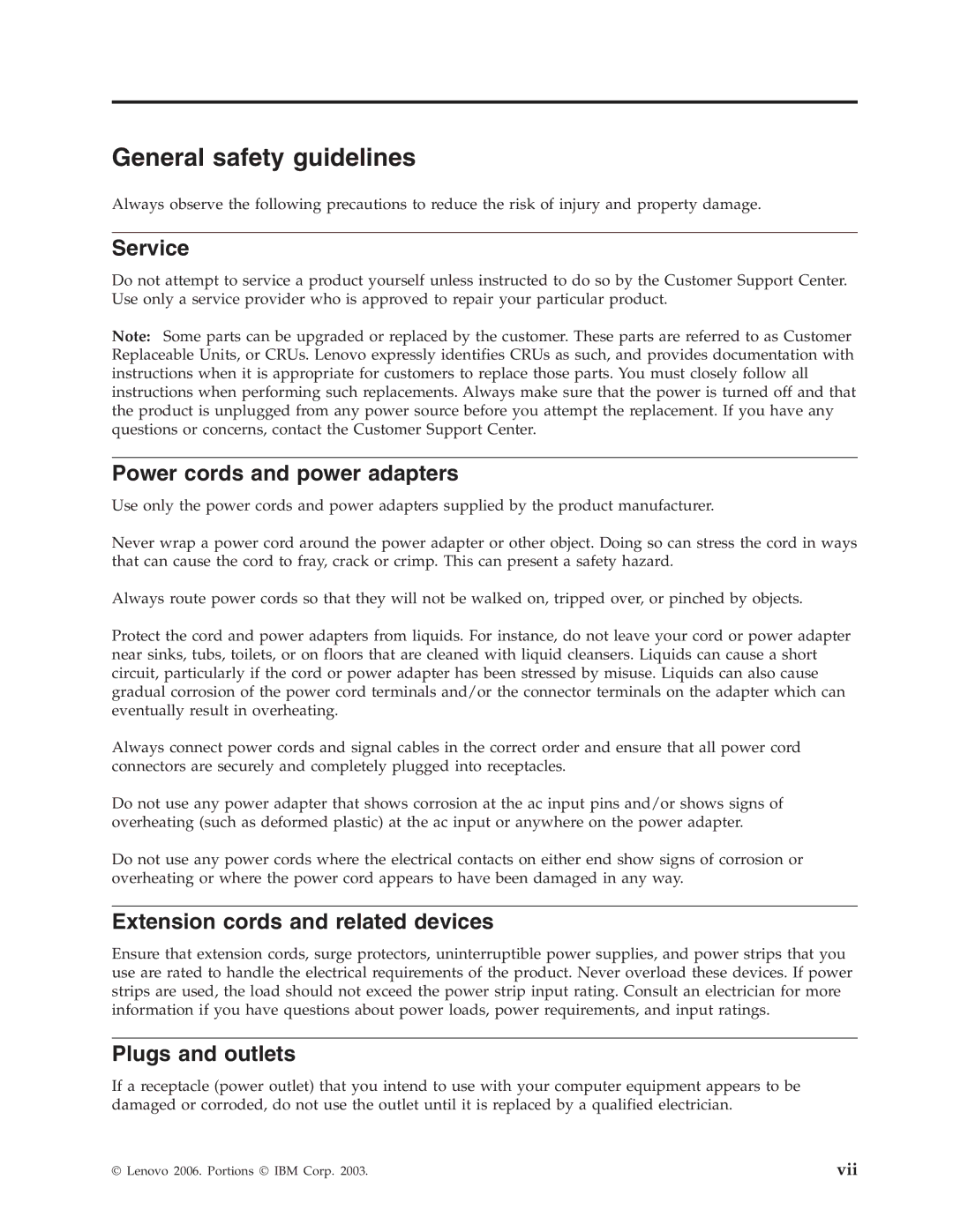 Lenovo 40Y8699 General safety guidelines, Service, Power cords and power adapters, Extension cords and related devices 