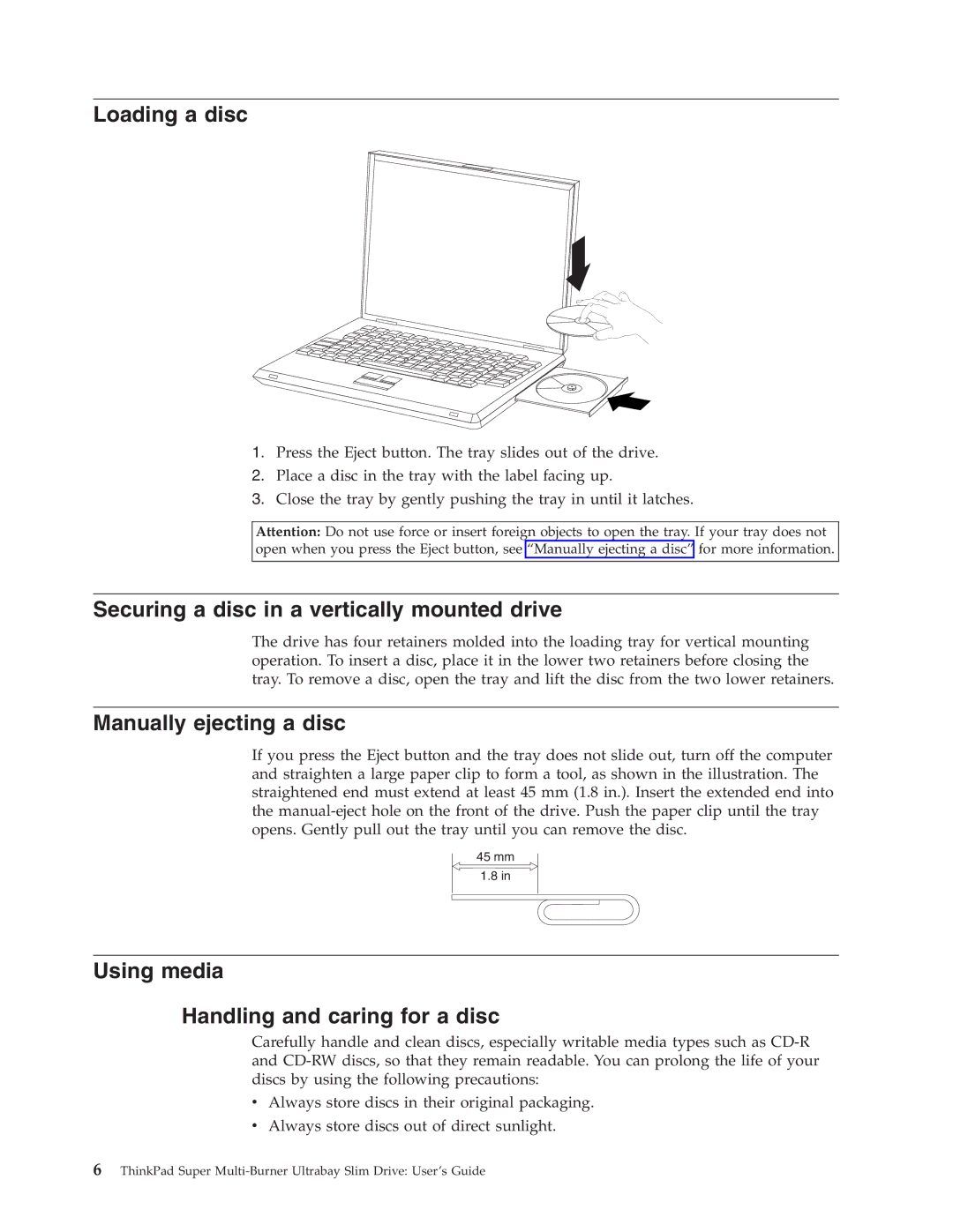 Lenovo 40Y8706 manual Loading a disc, Securing a disc in a vertically mounted drive, Manually ejecting a disc 