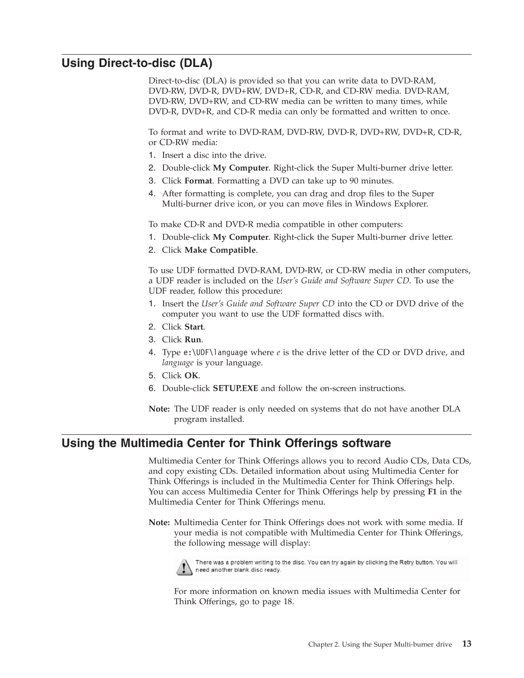 Lenovo 40Y8706 Using Direct-to-disc DLA, Using the Multimedia Center for Think Offerings software, Click Make Compatible 