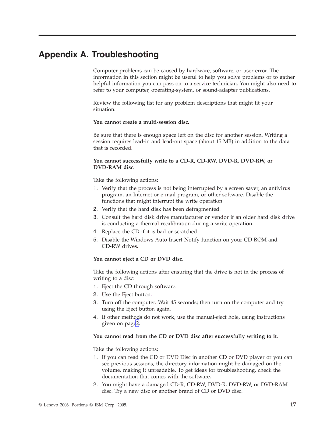 Lenovo 40Y8706 Appendix A. Troubleshooting, You cannot create a multi-session disc, You cannot eject a CD or DVD disc 