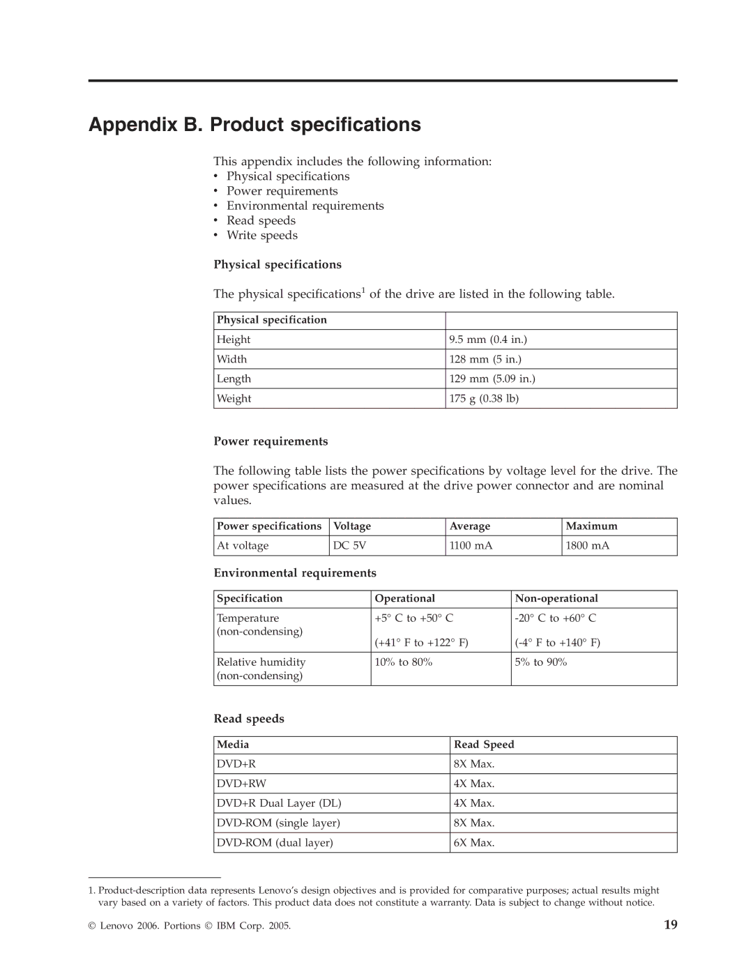 Lenovo 40Y8706 Appendix B. Product specifications, Physical specifications, Power requirements, Environmental requirements 