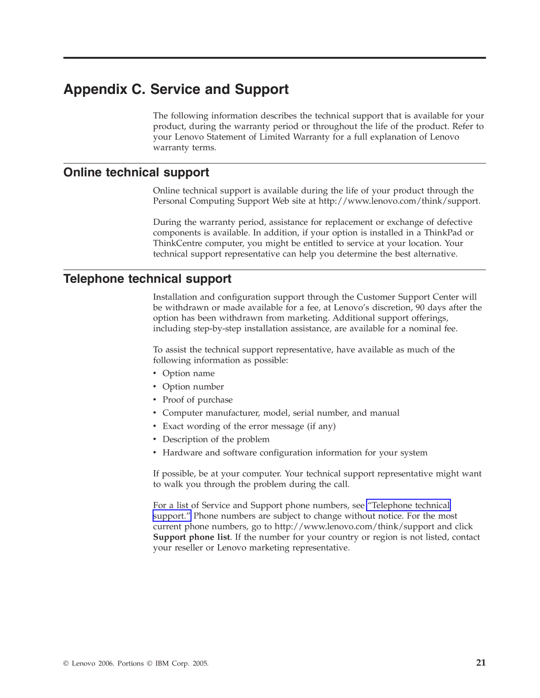 Lenovo 40Y8706 manual Appendix C. Service and Support, Online technical support, Telephone technical support 