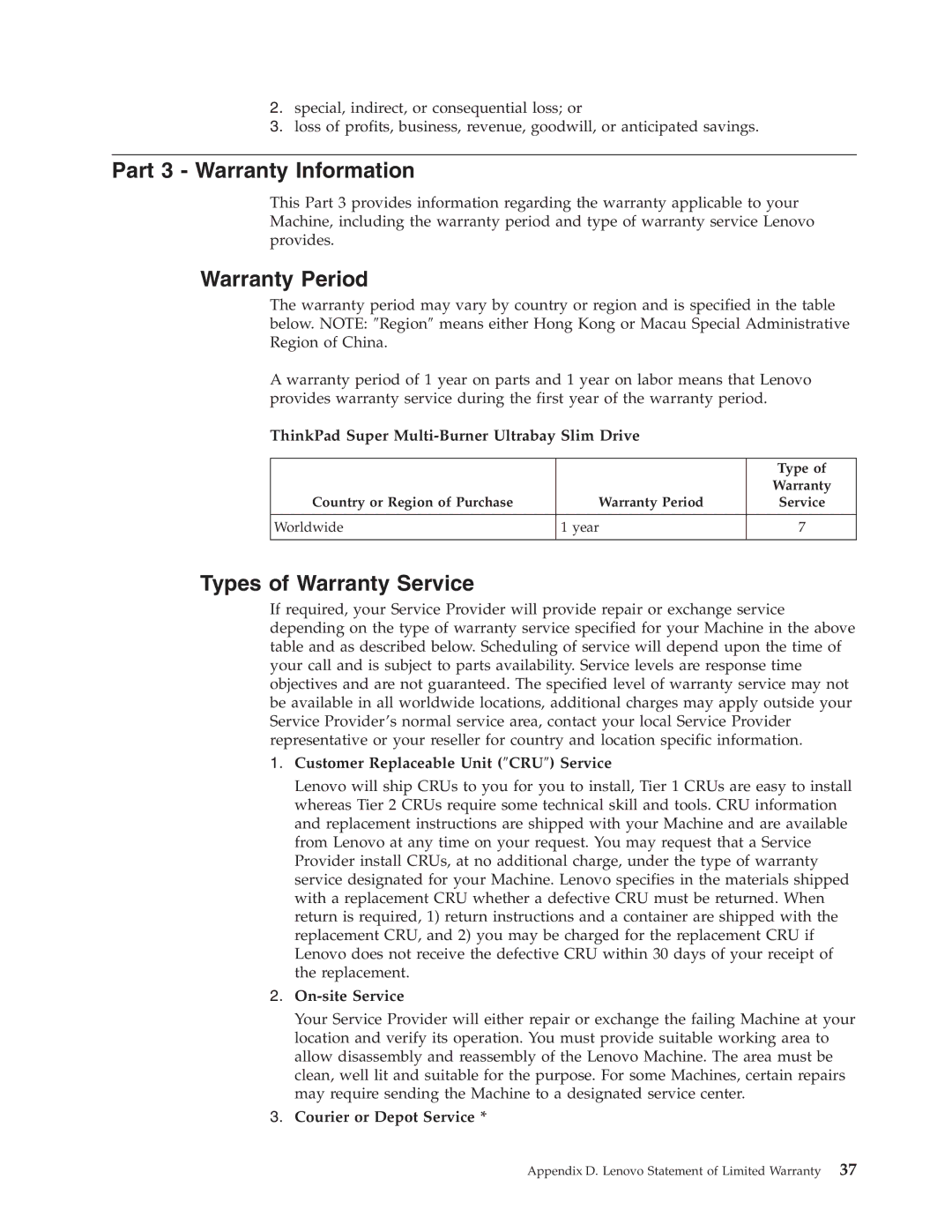 Lenovo 40Y8706 manual Part 3 Warranty Information, Warranty Period, Types of Warranty Service 