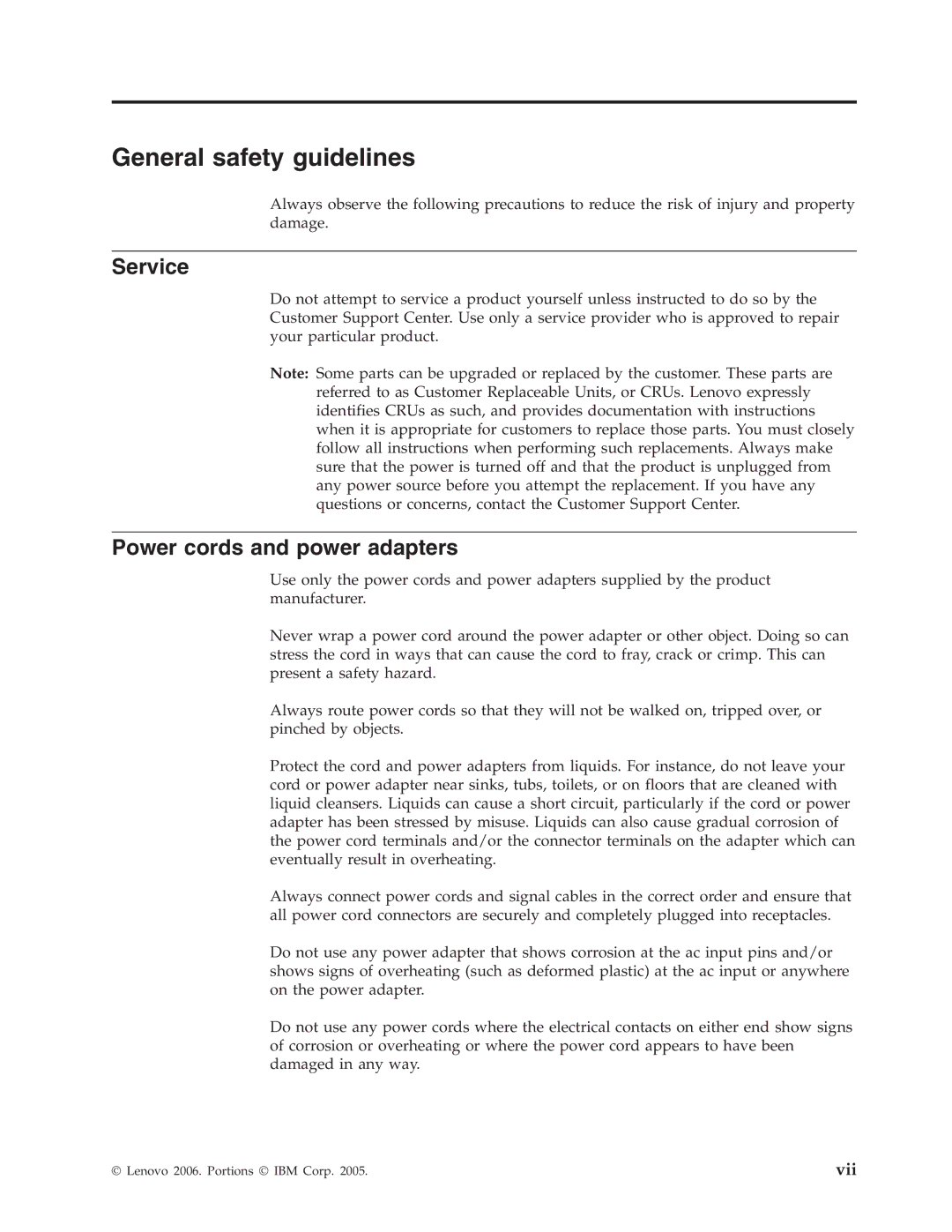 Lenovo 40Y8706 manual General safety guidelines, Service, Power cords and power adapters 