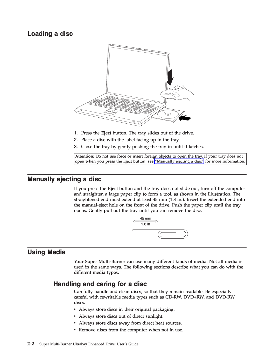Lenovo 40Y8710 manual Loading a disc, Manually ejecting a disc, Using Media, Handling and caring for a disc 