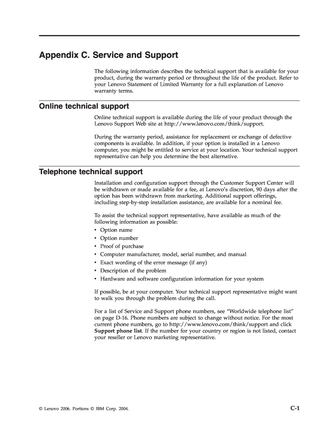 Lenovo 40Y8710 manual Appendix C. Service and Support, Online technical support, Telephone technical support 