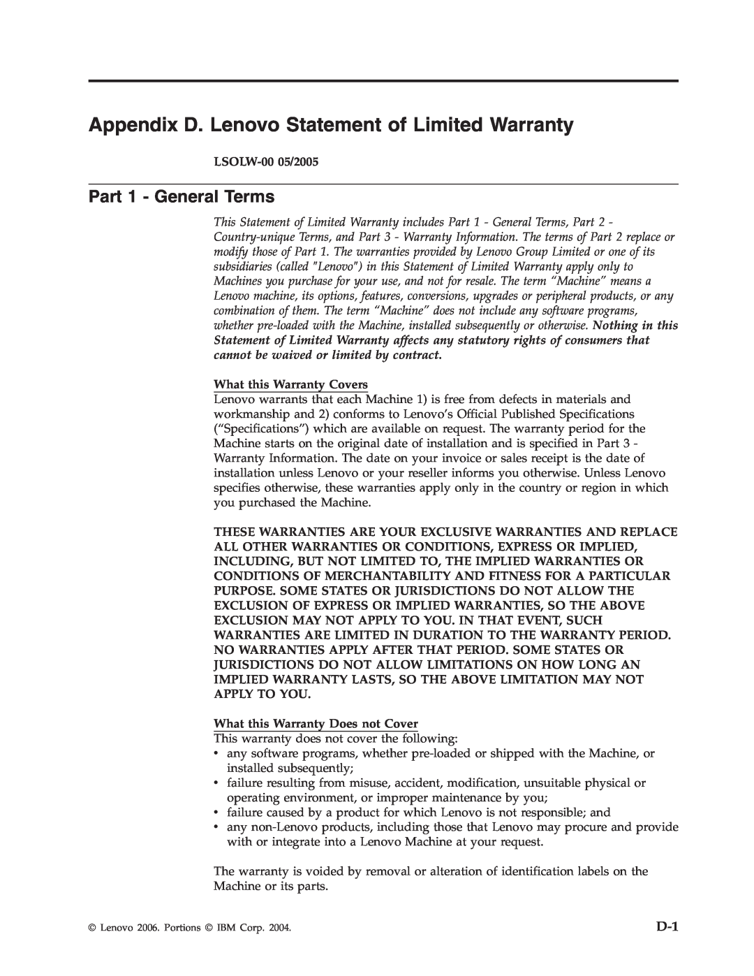 Lenovo 40Y8710 manual Appendix D. Lenovo Statement of Limited Warranty, Part 1 - General Terms, LSOLW-0005/2005 