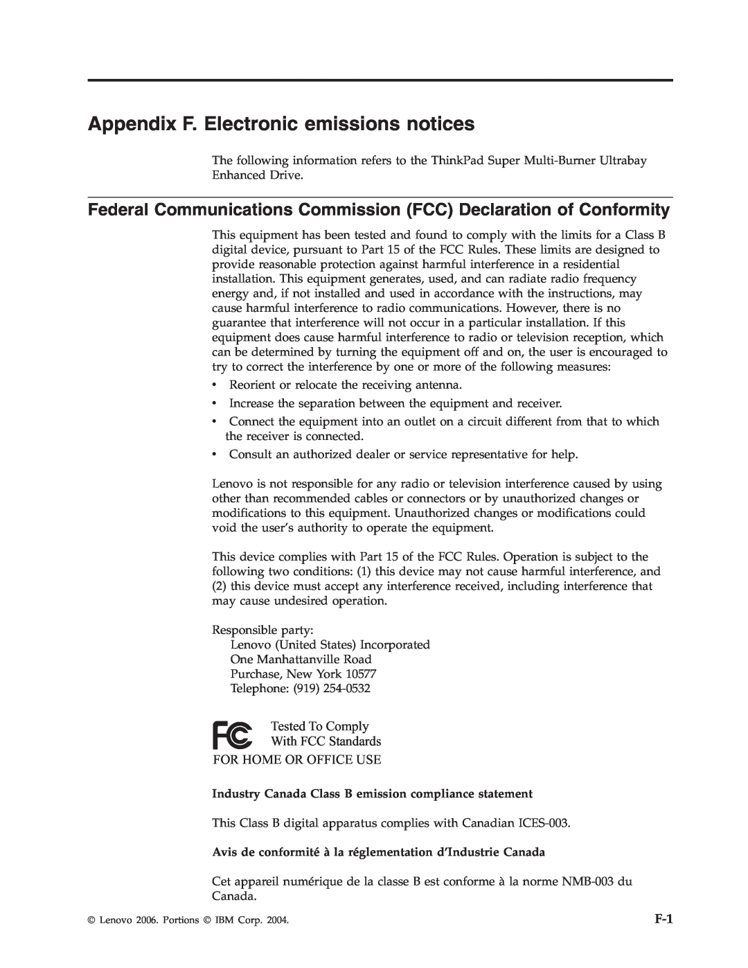 Lenovo 40Y8710 manual Appendix F. Electronic emissions notices, Tested To Comply With FCC Standards, For Home Or Office Use 