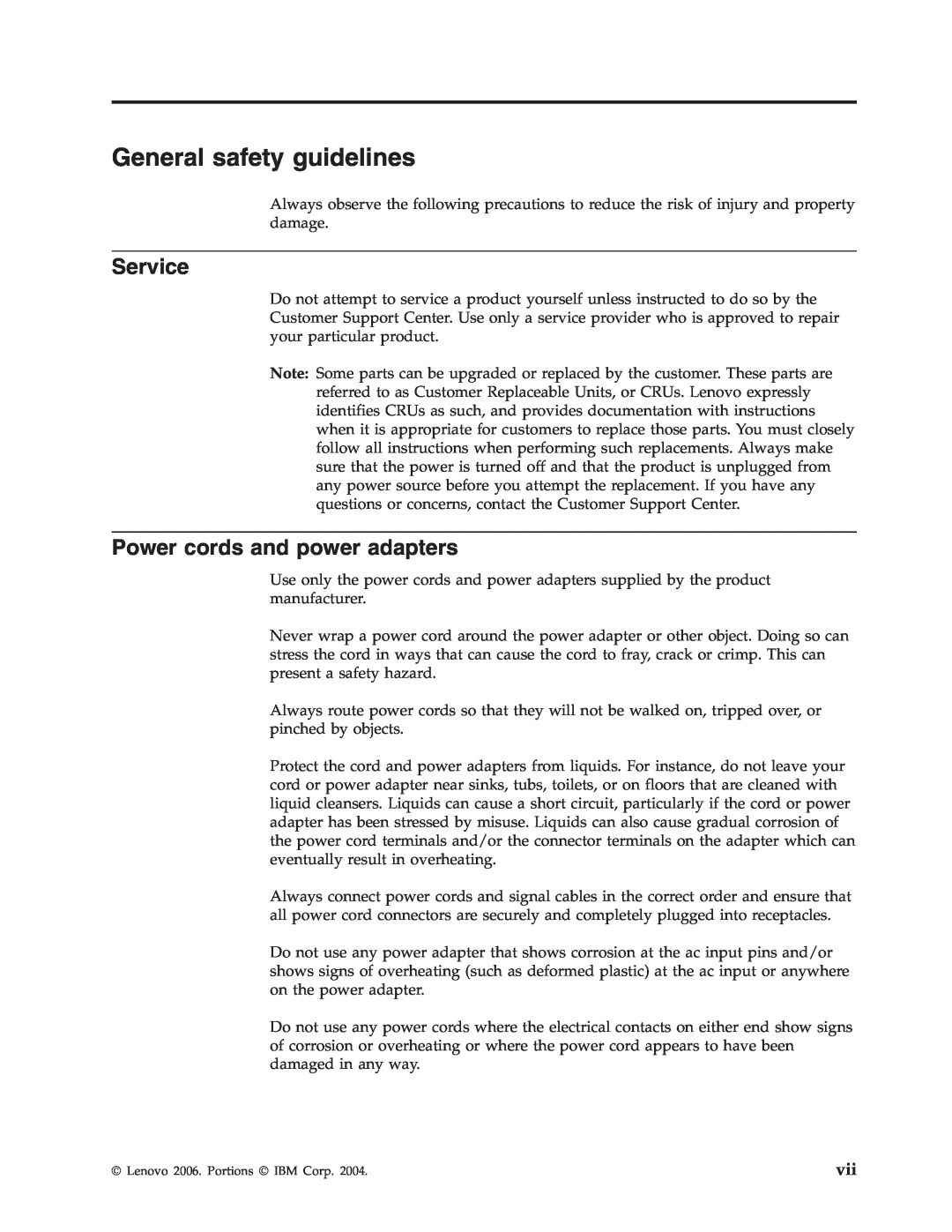 Lenovo 40Y8710 manual General safety guidelines, Service, Power cords and power adapters 