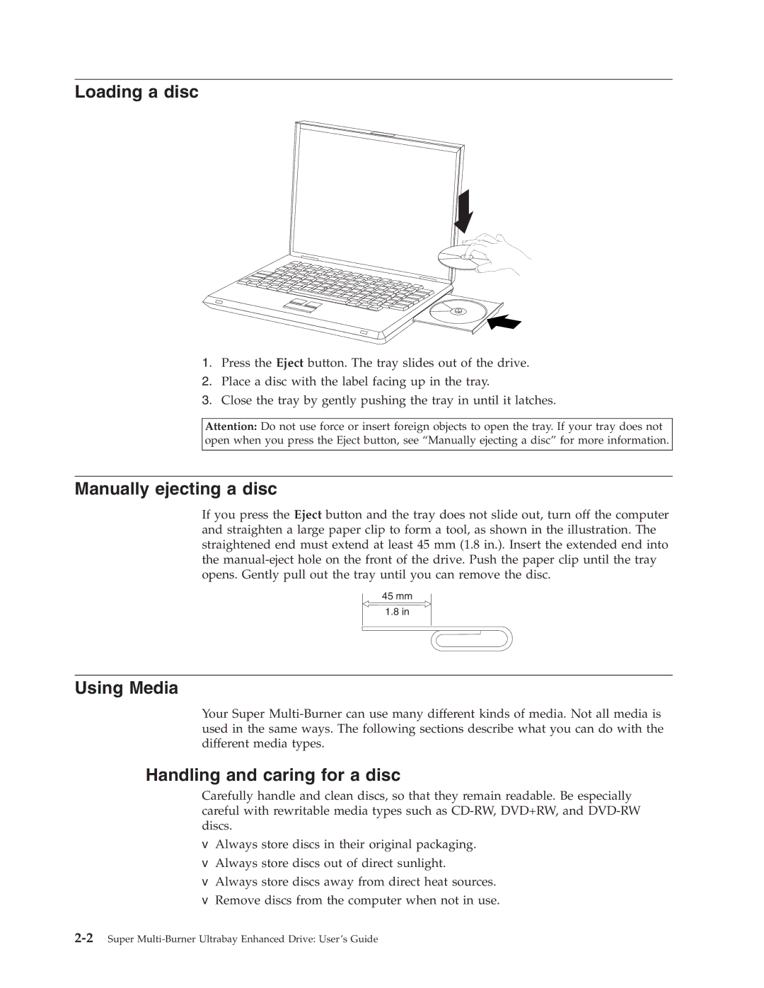 Lenovo 40Y8710 manual Loading a disc, Manually ejecting a disc, Using Media, Handling and caring for a disc 