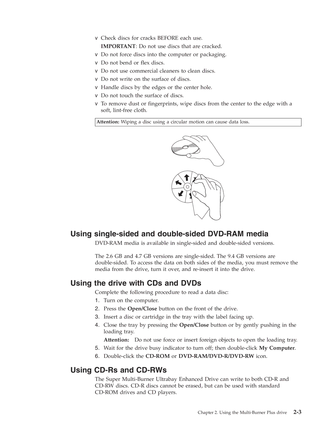 Lenovo 40Y8710 manual Using single-sided and double-sided DVD-RAM media, Using the drive with CDs and DVDs 