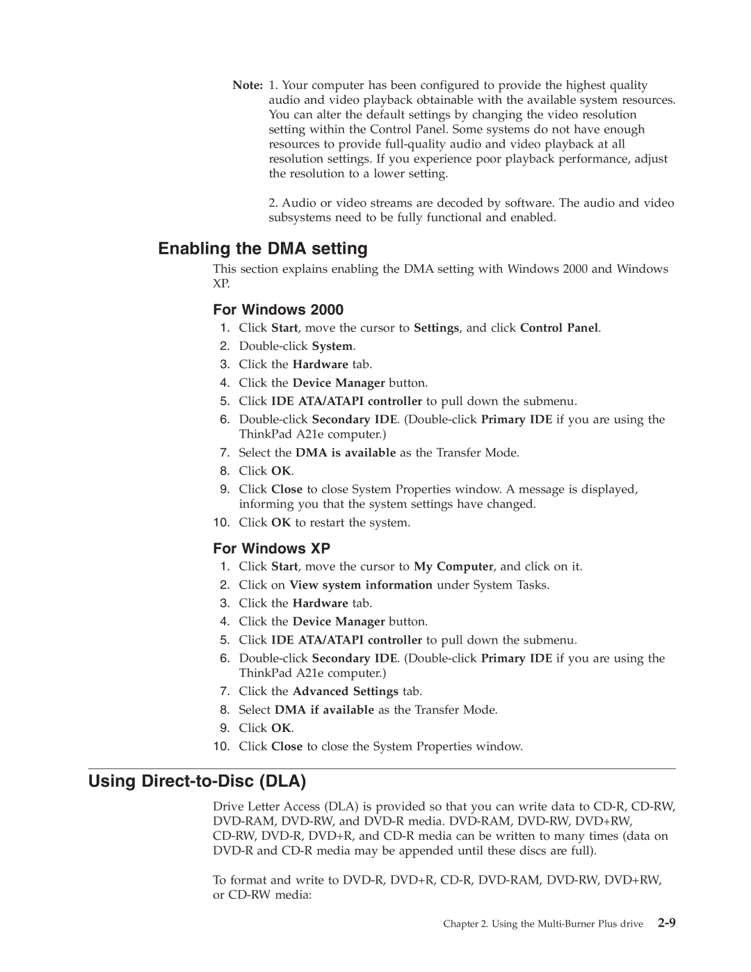 Lenovo 40Y8710 manual Enabling the DMA setting, Using Direct-to-Disc DLA, Click the Advanced Settings tab 