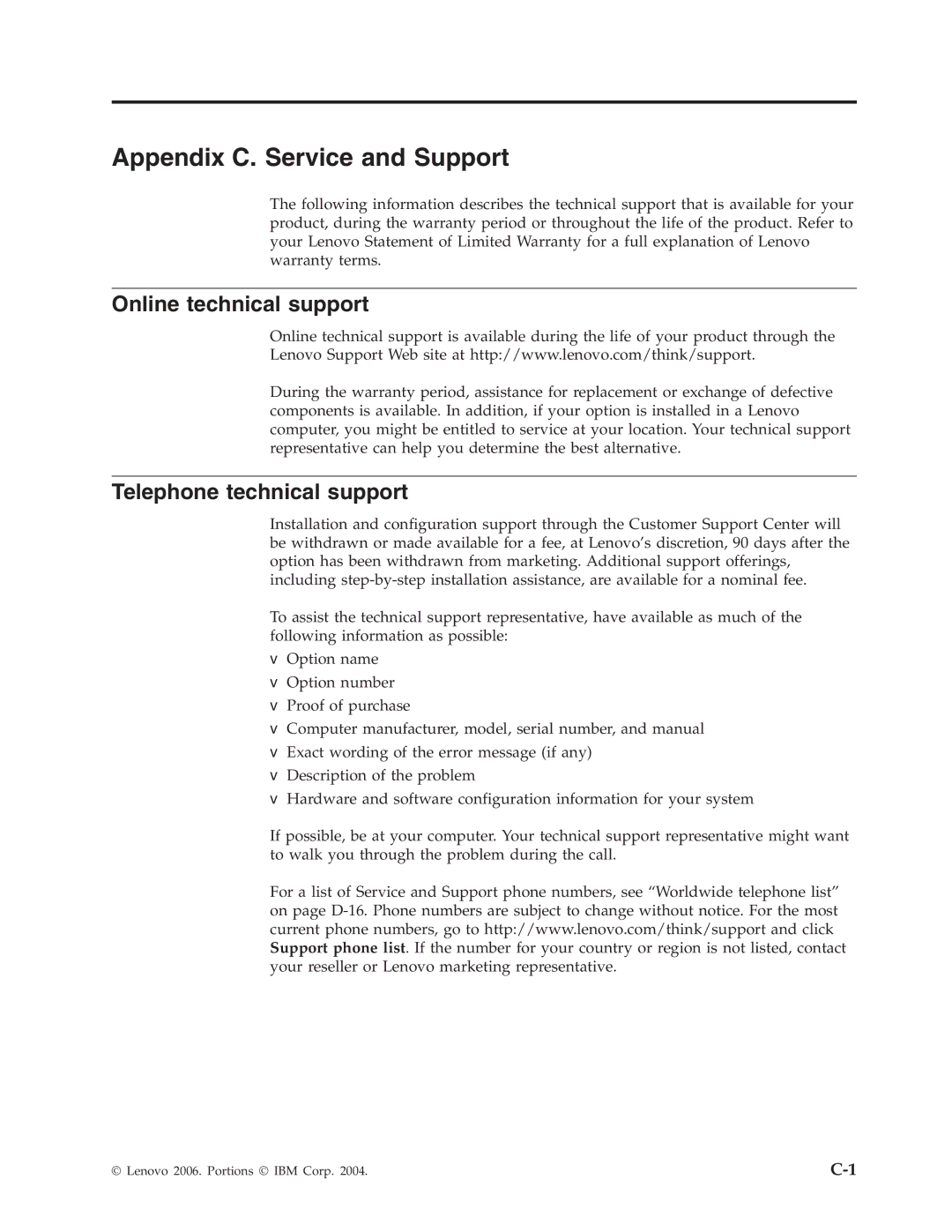 Lenovo 40Y8710 manual Appendix C. Service and Support, Online technical support, Telephone technical support 