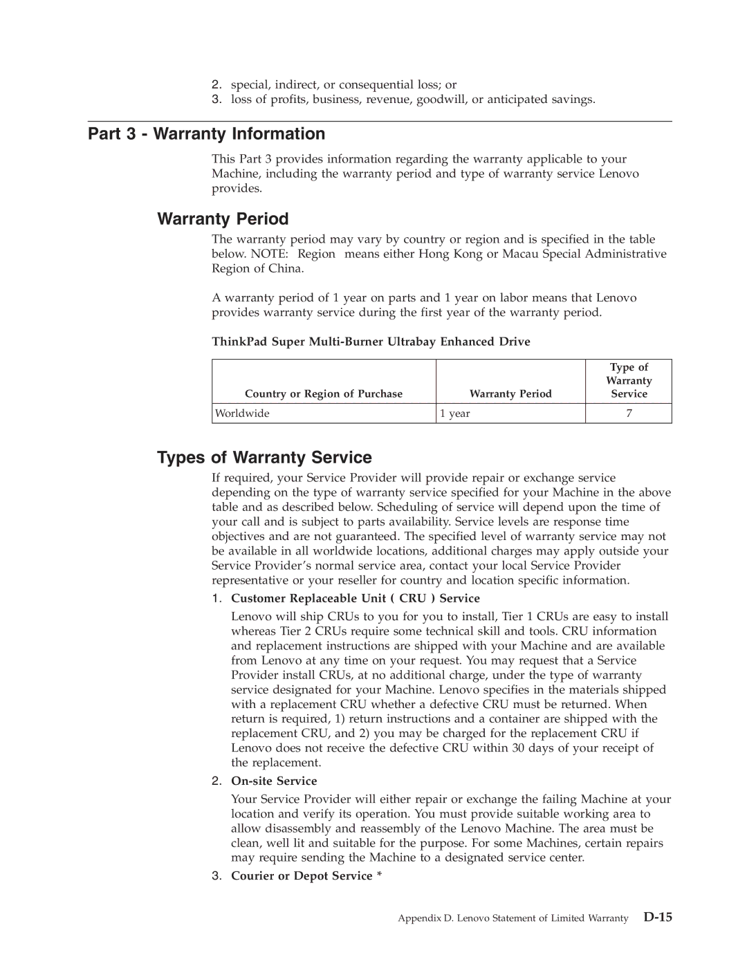 Lenovo 40Y8710 manual Part 3 Warranty Information, Warranty Period, Types of Warranty Service 