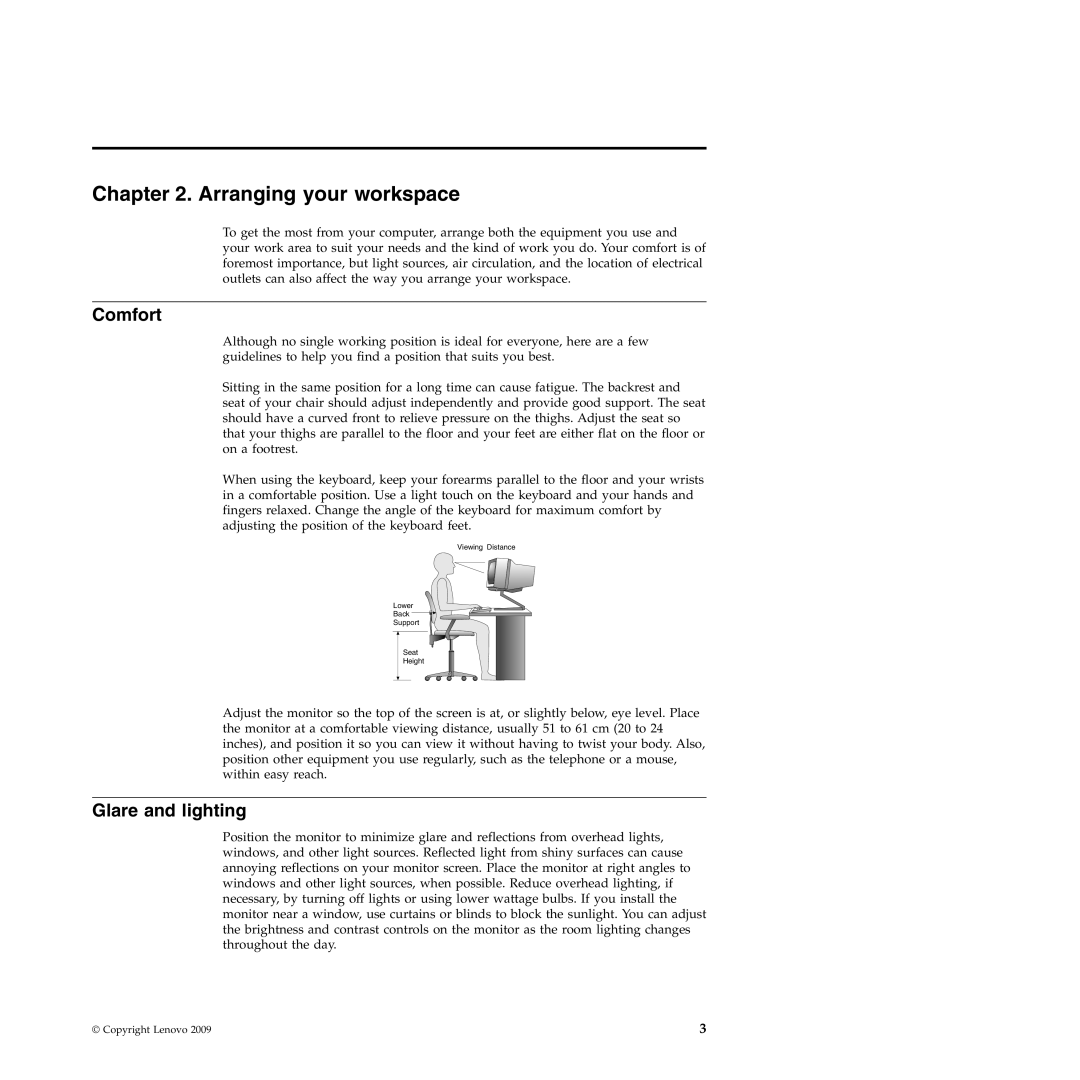 Lenovo 4218, 4155, 4158 manual Arranging your workspace, Comfort, Glare and lighting 