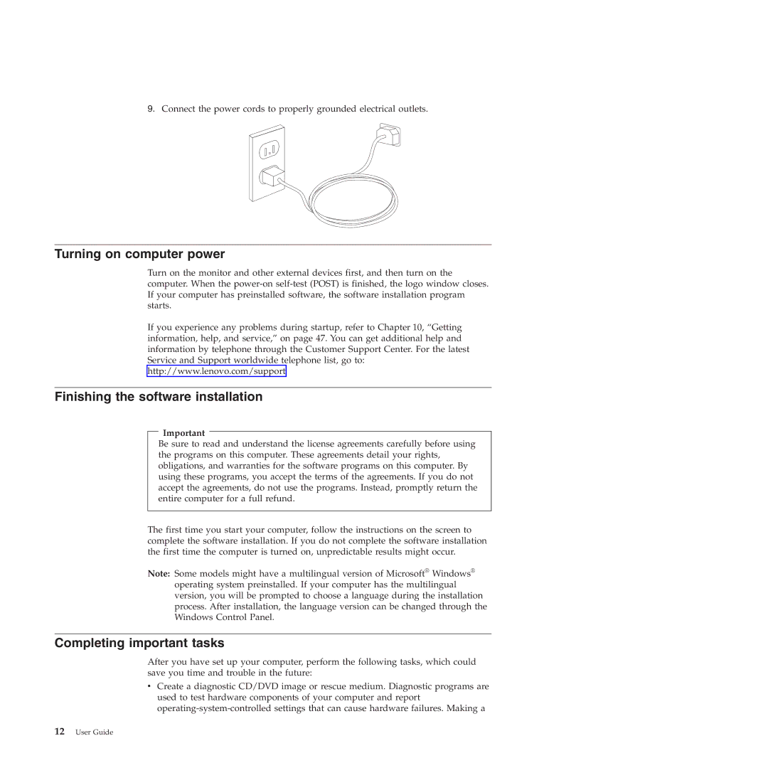 Lenovo 4218, 4155, 4158 manual Turning on computer power, Finishing the software installation, Completing important tasks 