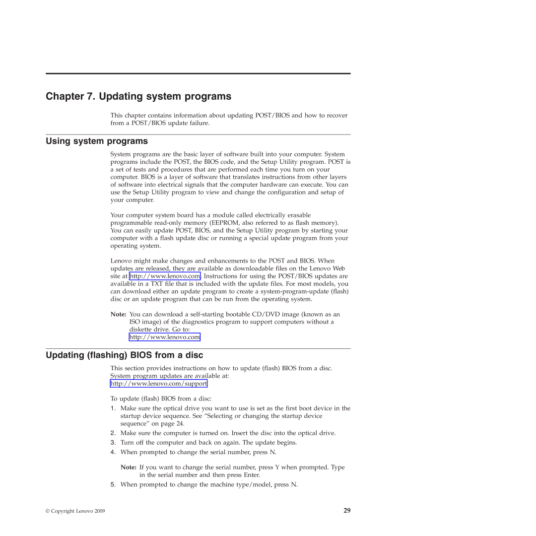 Lenovo 4158, 4155, 4218 manual Updating system programs, Using system programs, Updating flashing Bios from a disc 