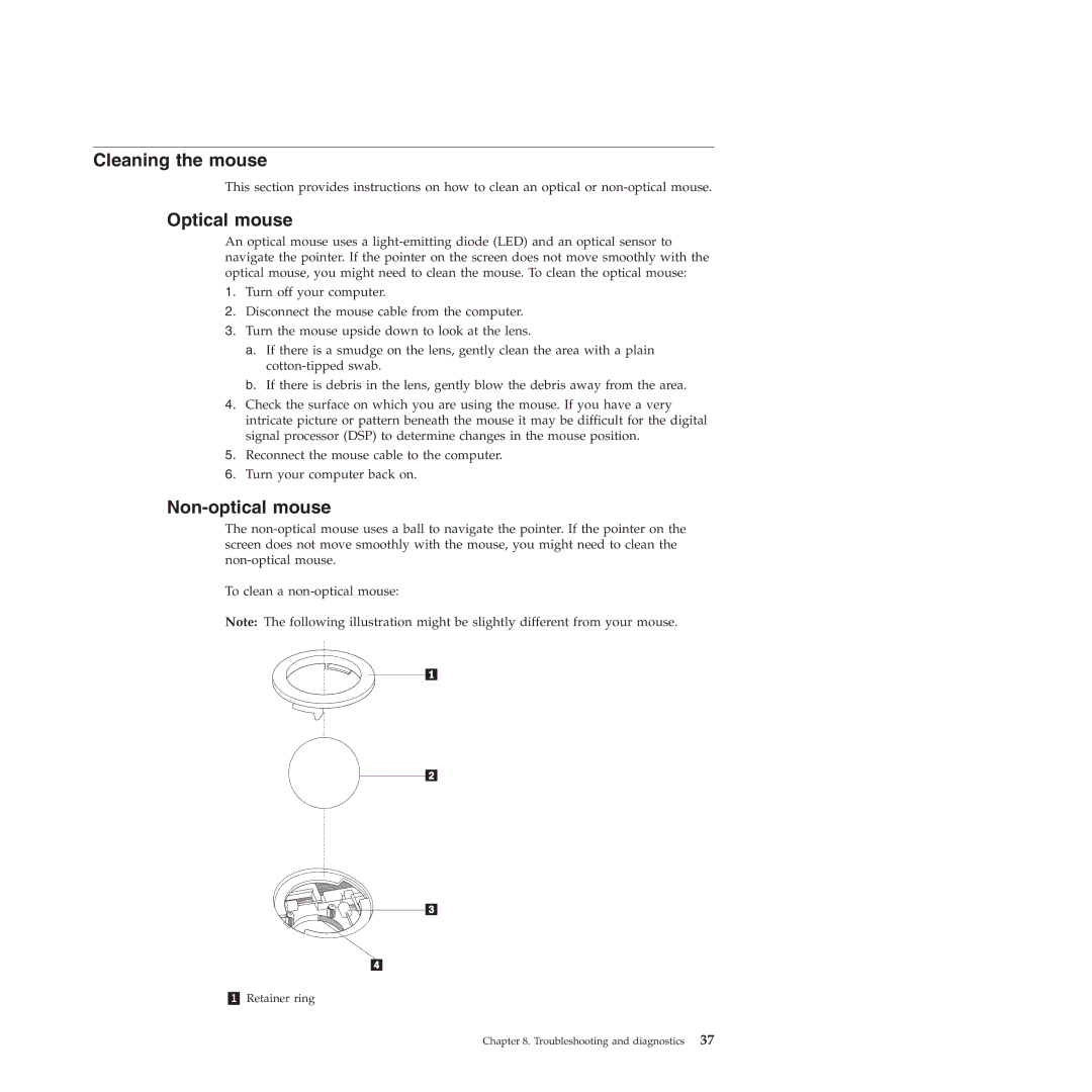 Lenovo 4155, 4158, 4218 manual Cleaning the mouse, Optical mouse, Non-optical mouse 