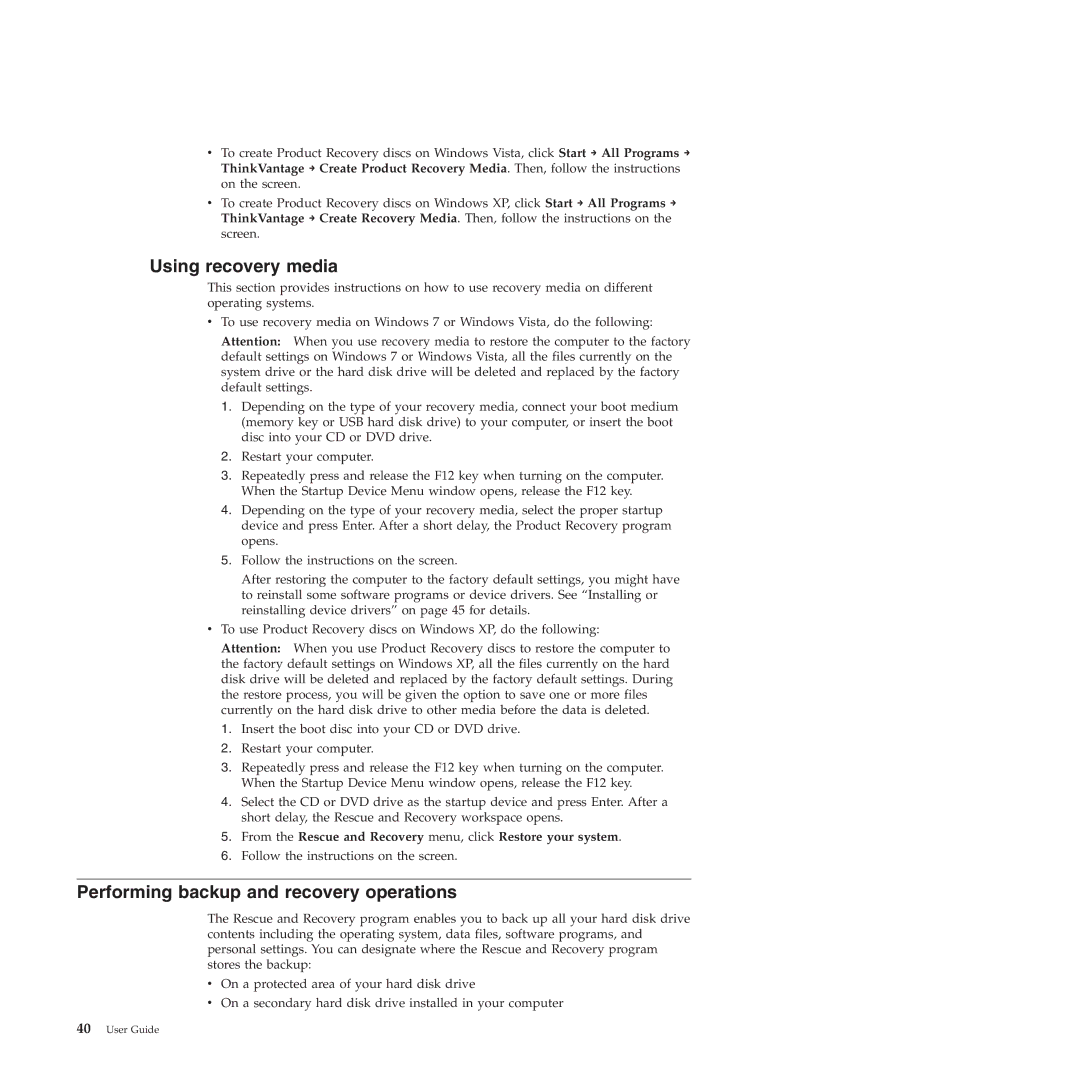 Lenovo 4155, 4158, 4218 manual Using recovery media, Performing backup and recovery operations 