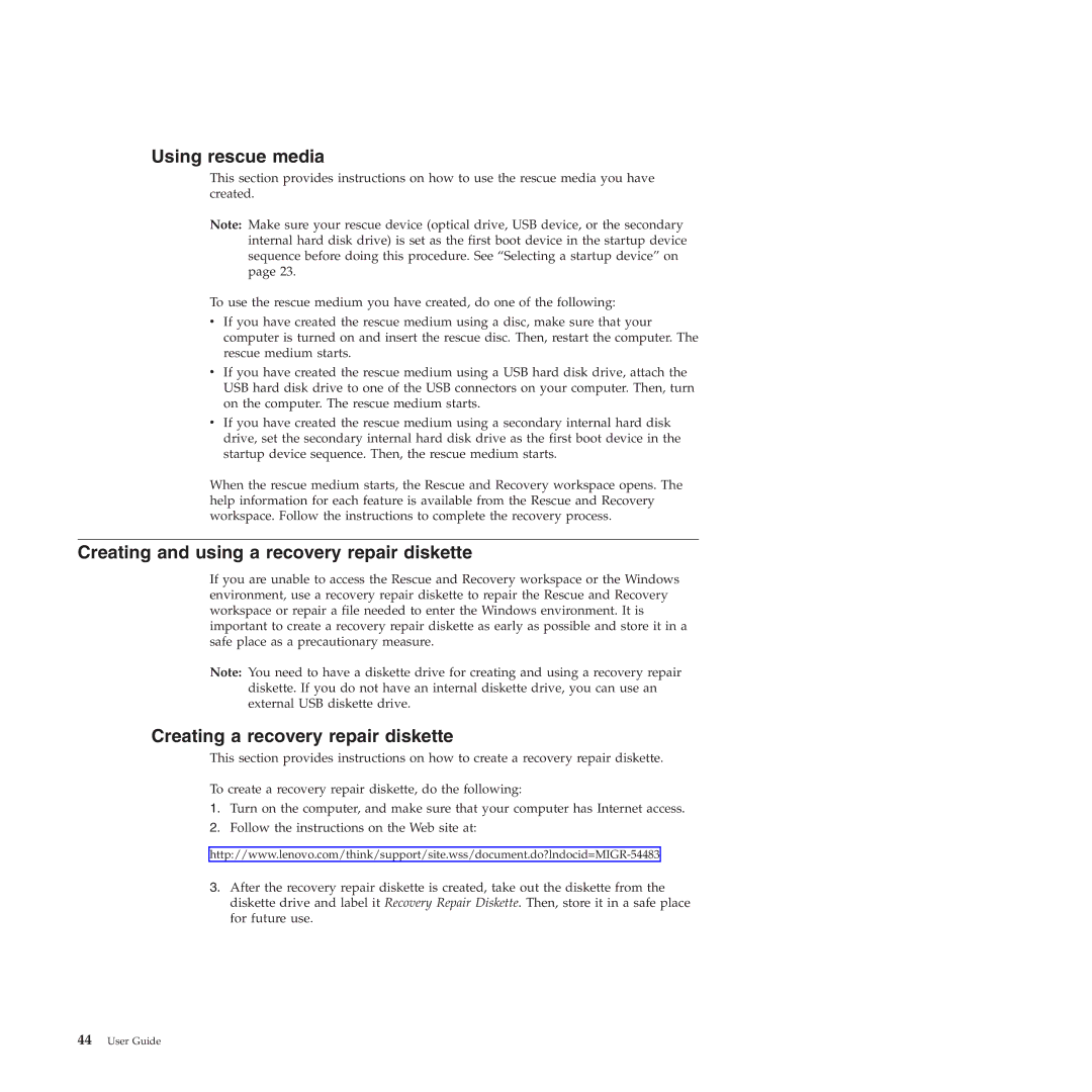 Lenovo 4158, 4155 Using rescue media, Creating and using a recovery repair diskette, Creating a recovery repair diskette 