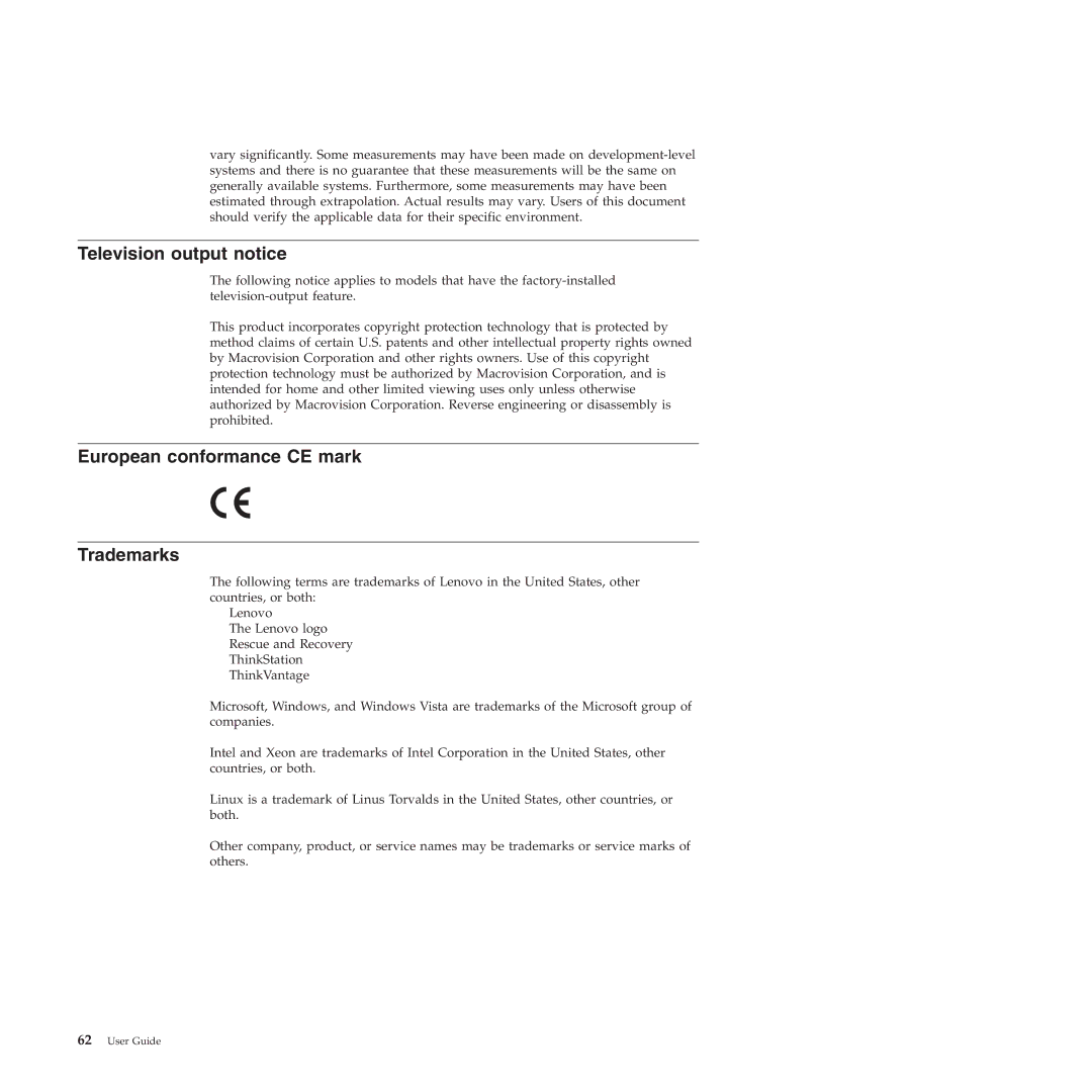 Lenovo 4158, 4155, 4218 manual Television output notice, European conformance CE mark Trademarks 