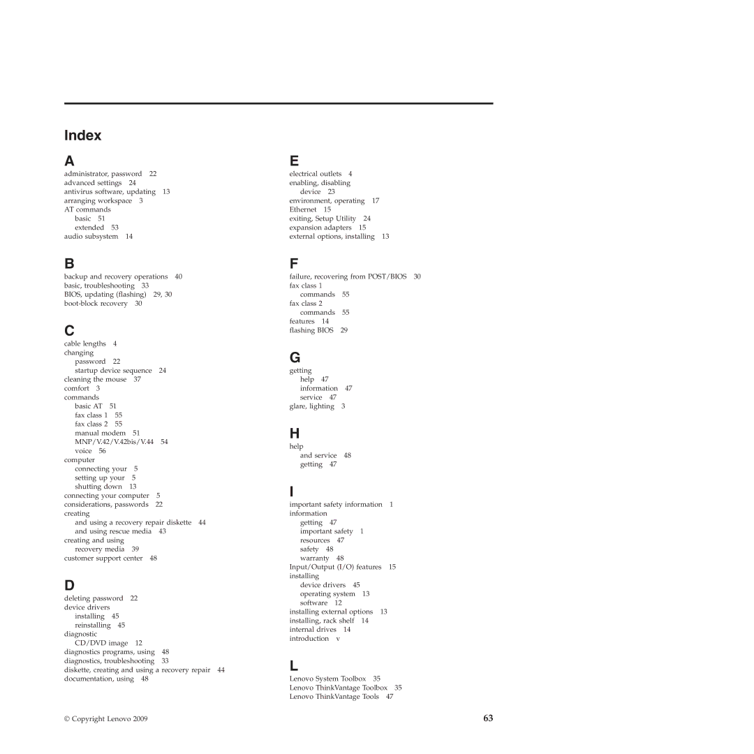 Lenovo 4218, 4155, 4158 manual Index 