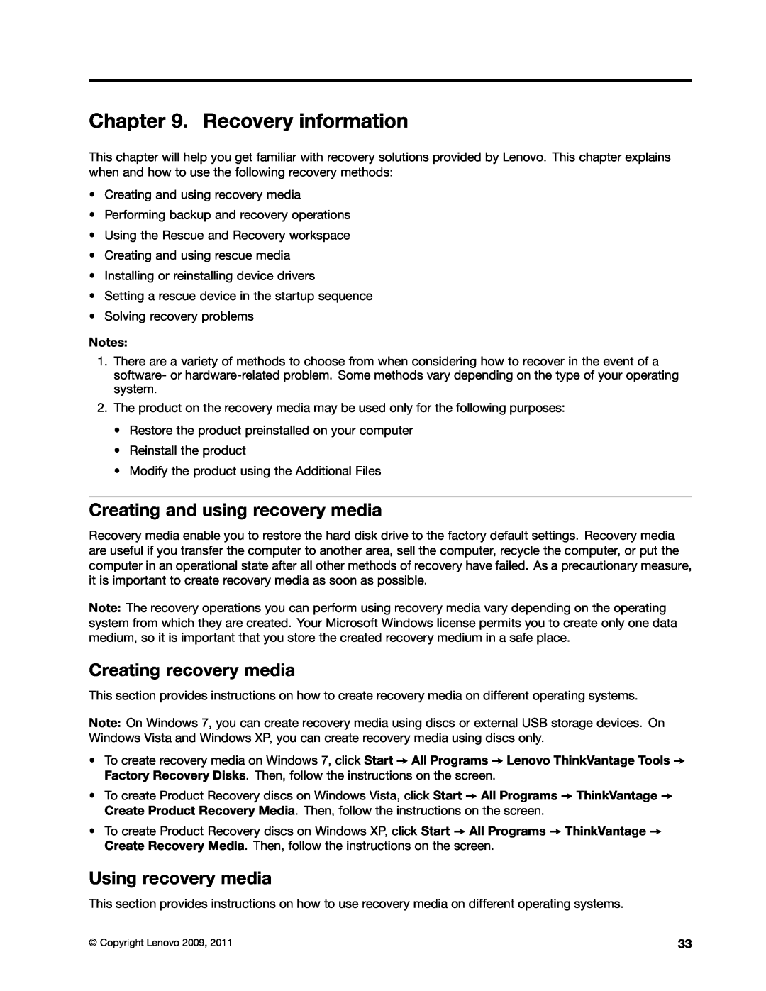 Lenovo 4217, 4157 Recovery information, Creating and using recovery media, Creating recovery media, Using recovery media 