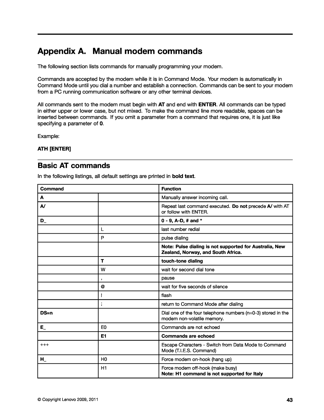 Lenovo 4105, 4157VJU, 4217 manual Appendix A. Manual modem commands, Basic AT commands 