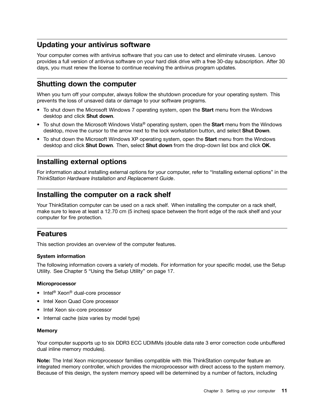 Lenovo 4105, 4157, 4217 Updating your antivirus software, Shutting down the computer, Installing external options, Features 