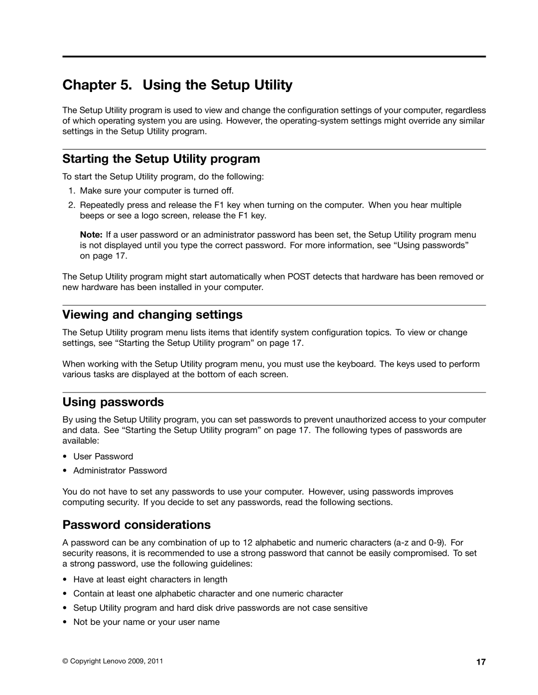 Lenovo 4217 Using the Setup Utility, Starting the Setup Utility program, Viewing and changing settings, Using passwords 